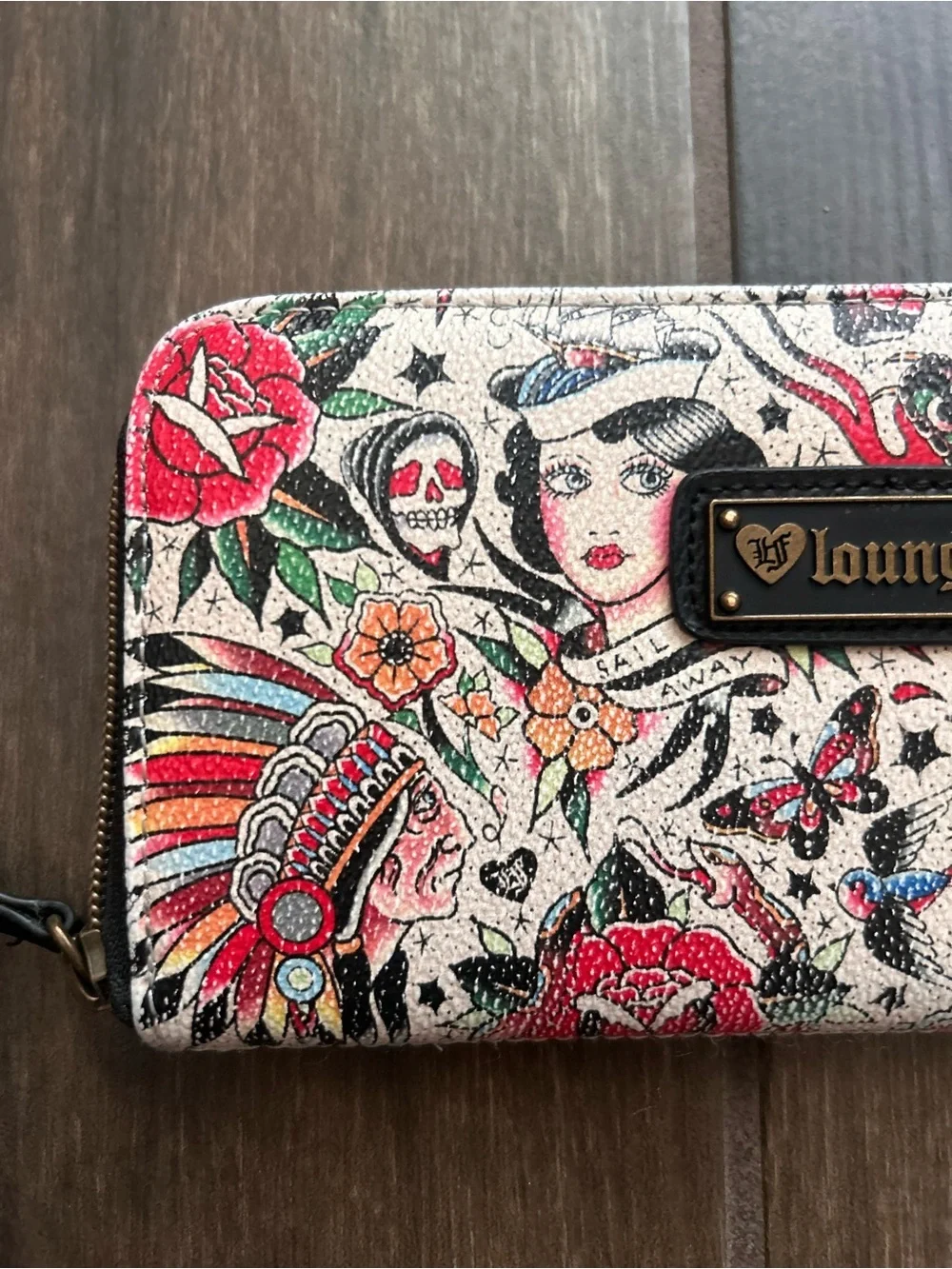 Loungefly Classic Sailor Tattoo Printed Pebbled Wallet in Tan/Multi